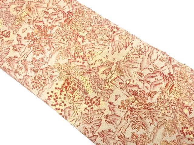 JAPANESE KIMONO / ANTIQUE NAGOYA OBI / SILK / WOVEN LANDSCAPE PATTERN